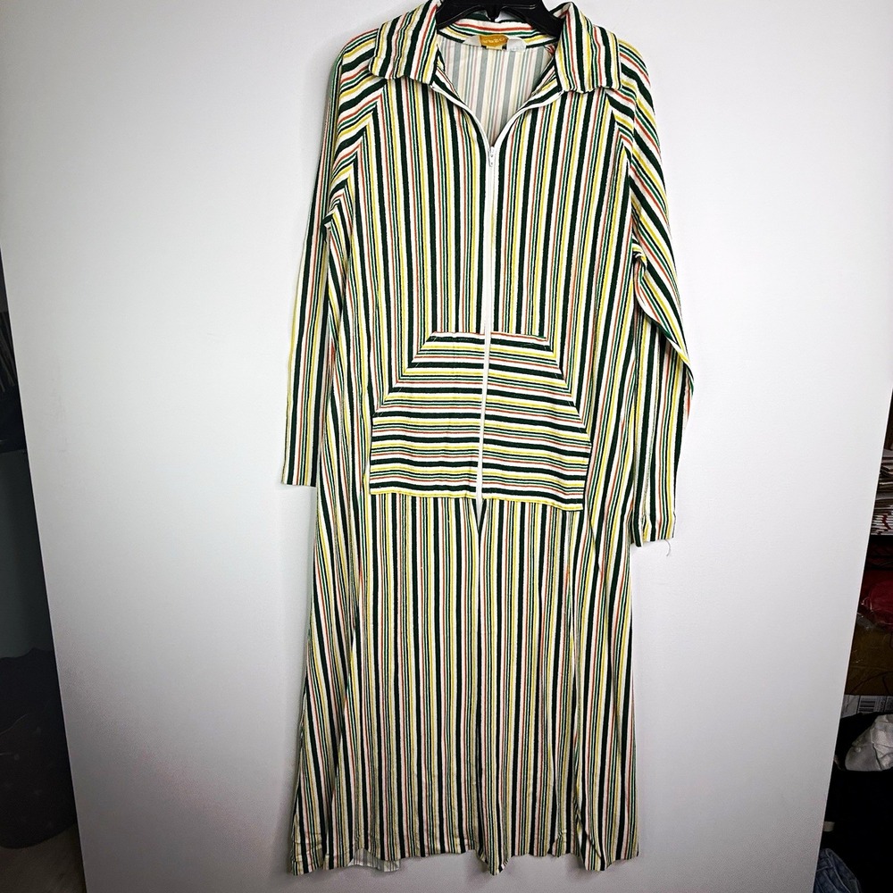 Vintage Rhapsody Women's Striped  Robe MooMoo Green Multi Small zip up